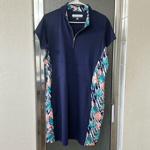 Pebble Beach Navy Blue Short Sleeve Dress Floral Pattern dry Luxe performance